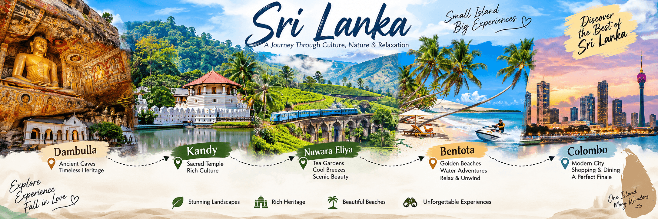 Dambulla 1N / Kandy 1N / Nuwara Eliya 1N / Bentota 2N / Colombo 1N